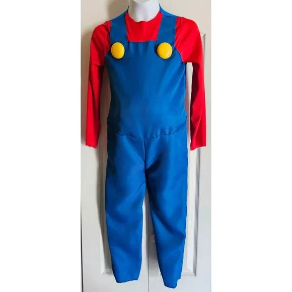 Super Mario Kids Costume 7-8 Gloves Plush Belly Jumpsuit Hat Halloween Boys Game - Picture 5 of 7